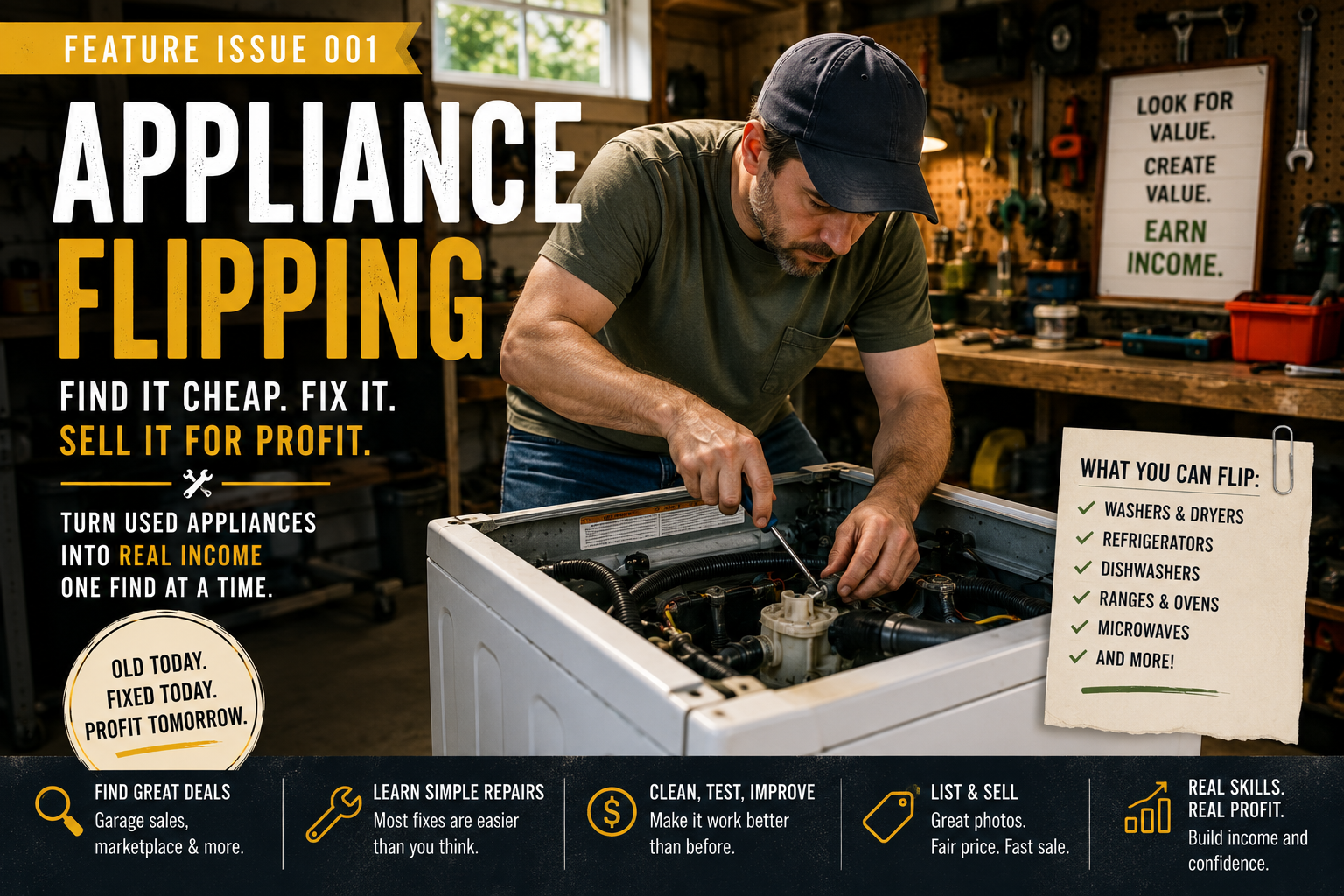 Person inspecting and repairing a used washing machine as an appliance-flipping side hustle