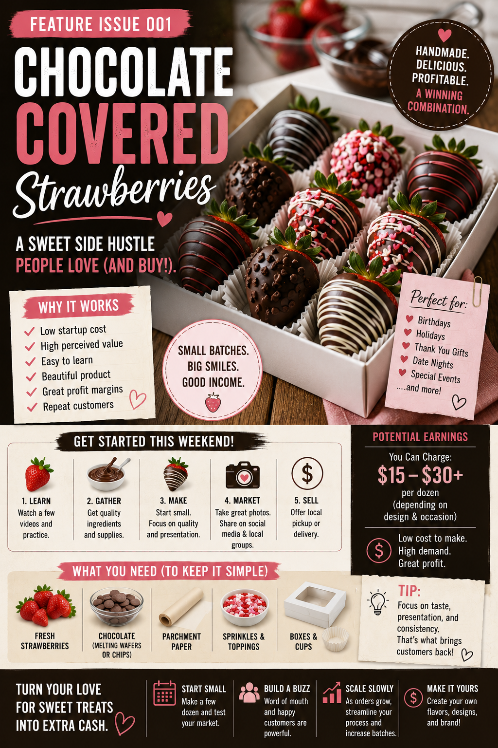Elegant box of decorated chocolate-covered strawberries prepared for a local gift business