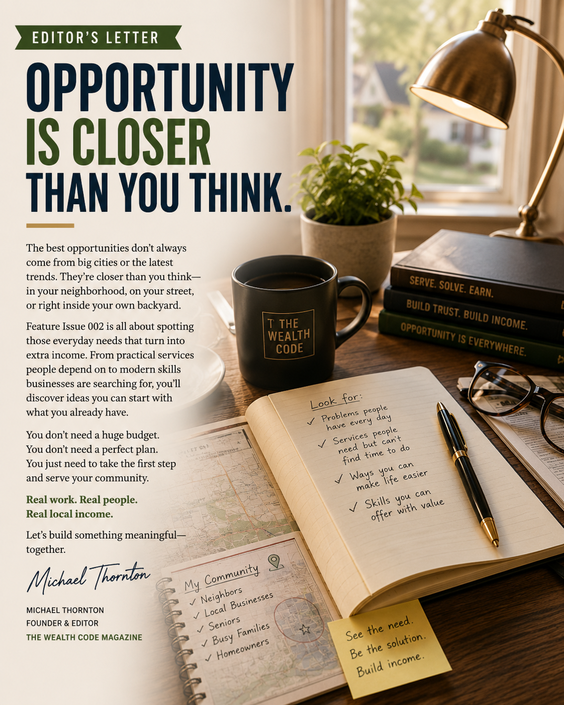 Editor's Letter for The Wealth Code Magazine about recognizing opportunities in local communities.