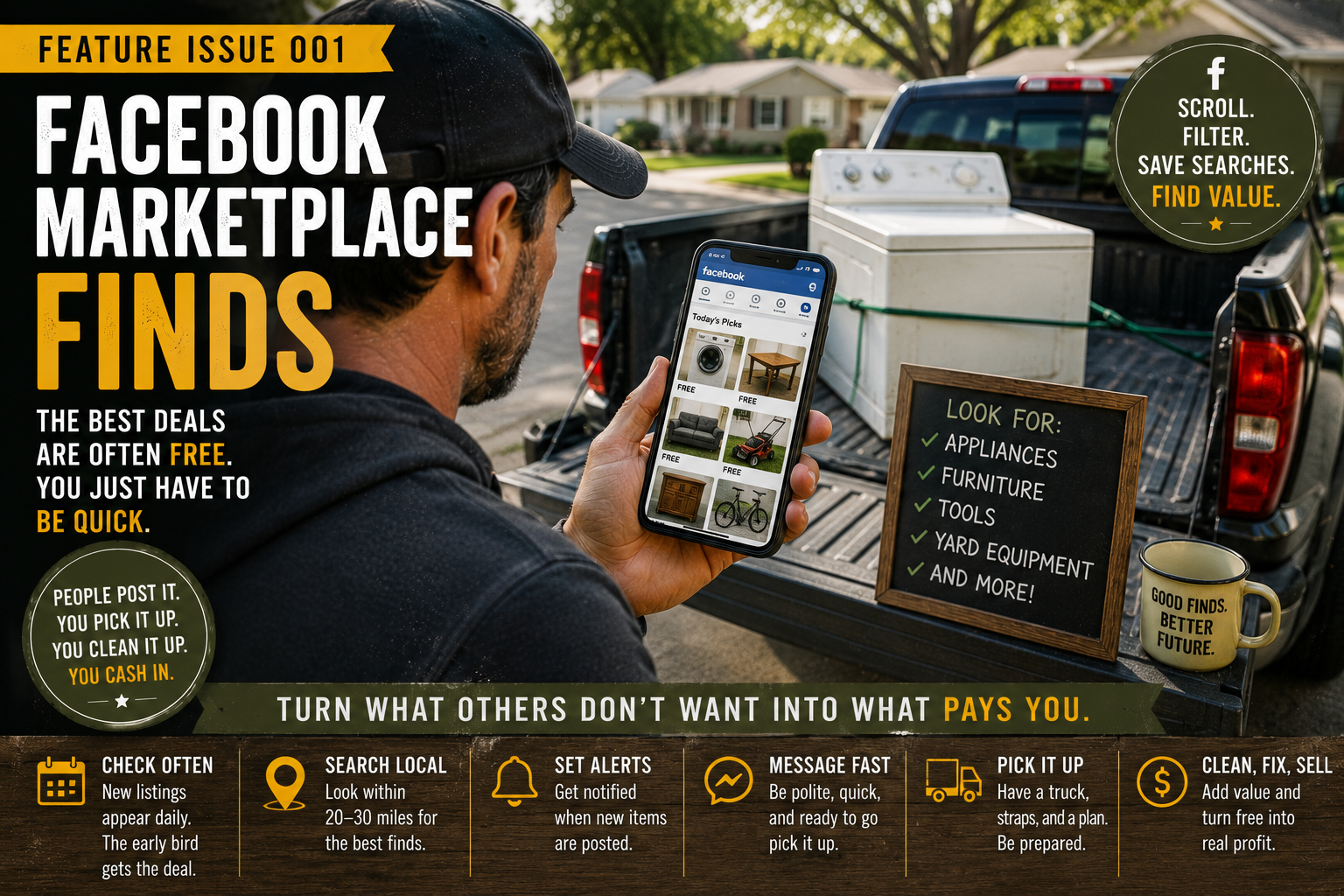 Person reviewing furniture, tools, and household items found through Facebook Marketplace for resale