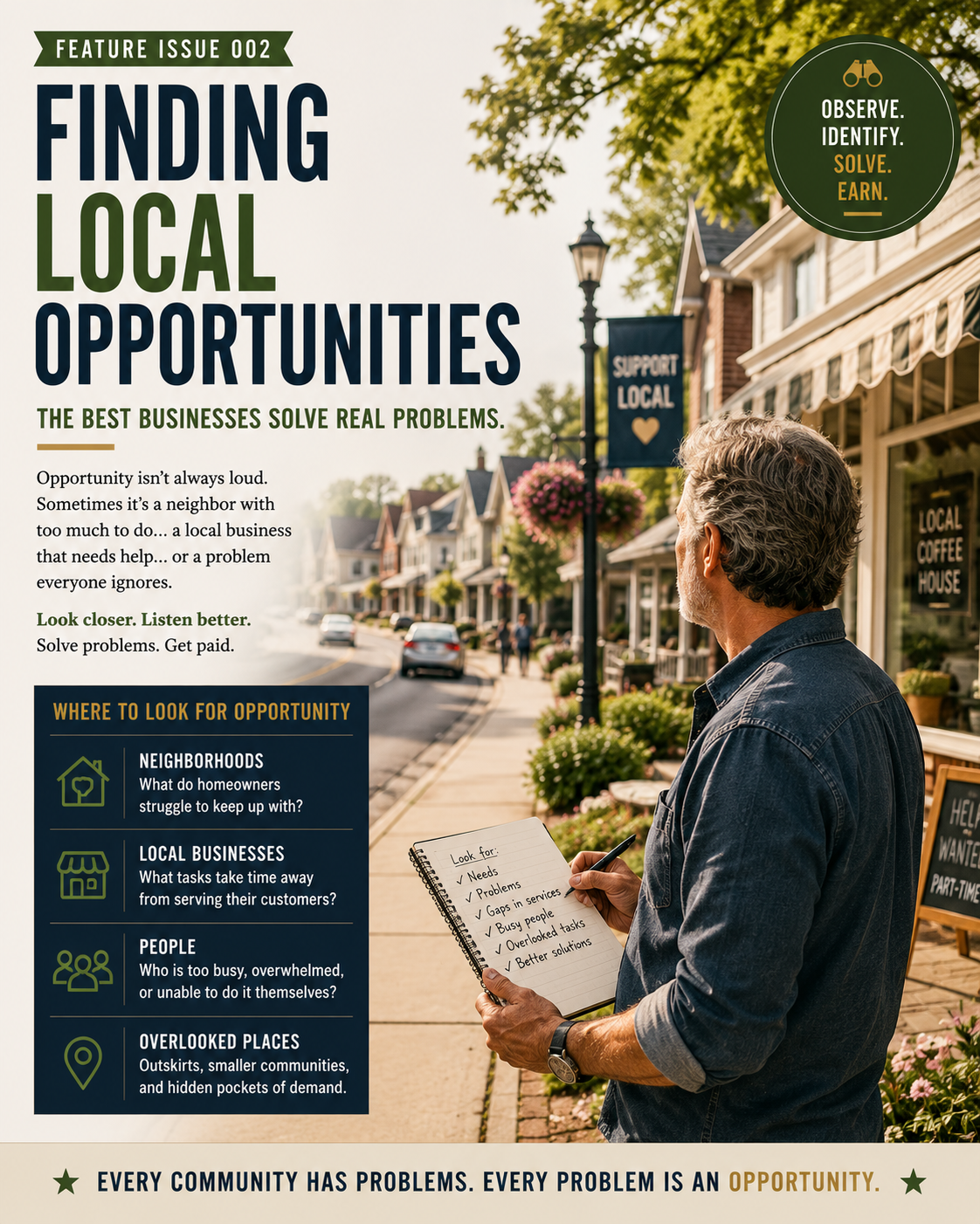 Person observing neighborhood needs and recording practical local business opportunities in a notebook.