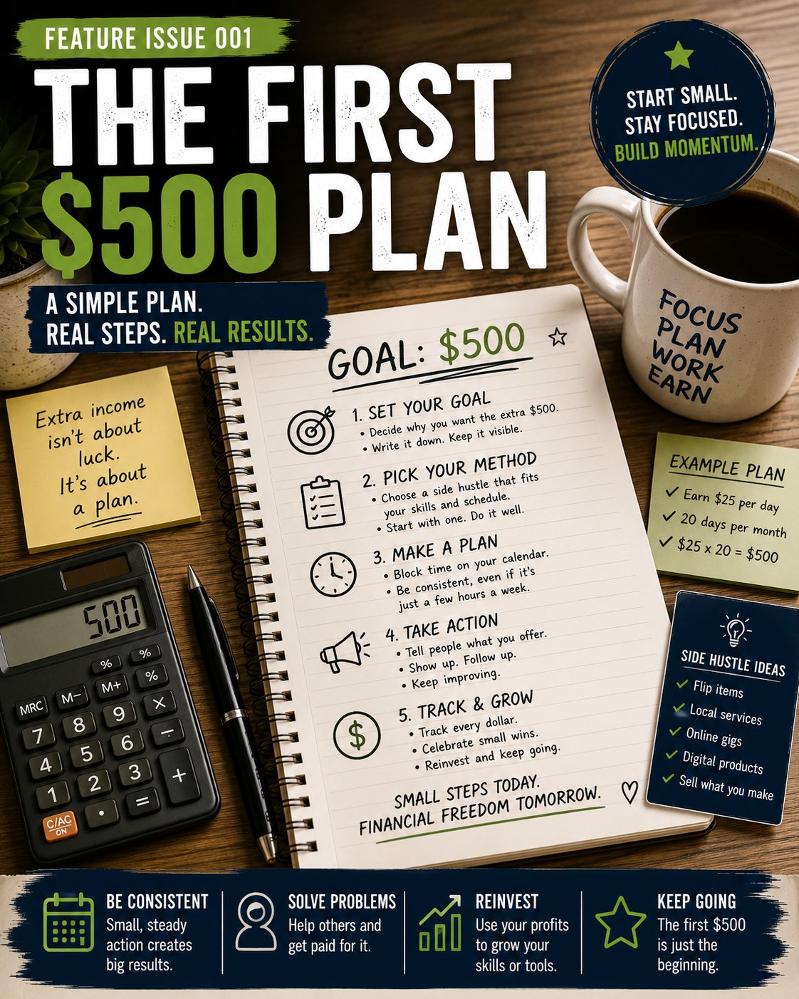 Notebook showing a practical first five-hundred-dollar side-hustle plan with simple income goals