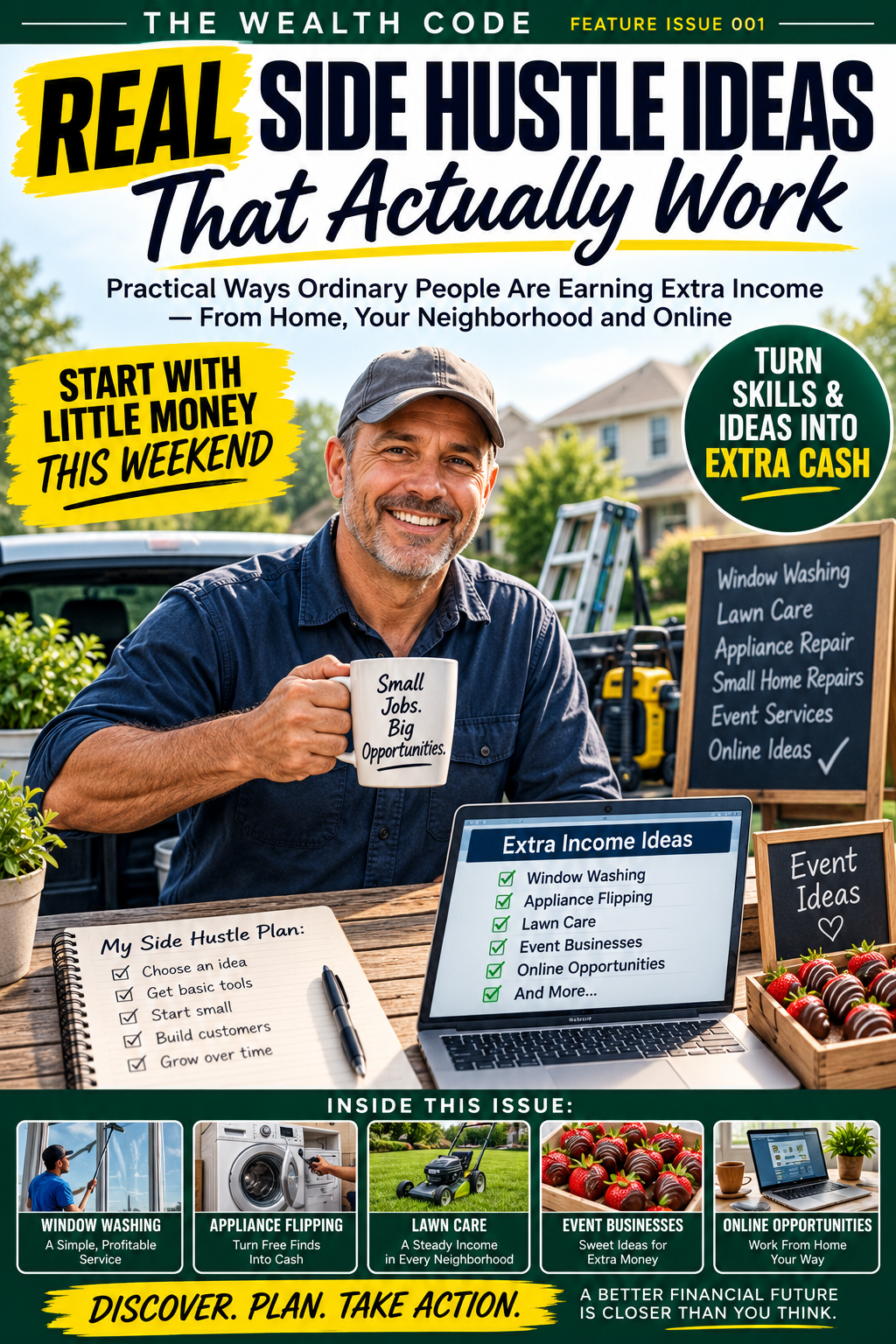 The Wealth Code Feature Issue 001 cover about practical side hustle ideas