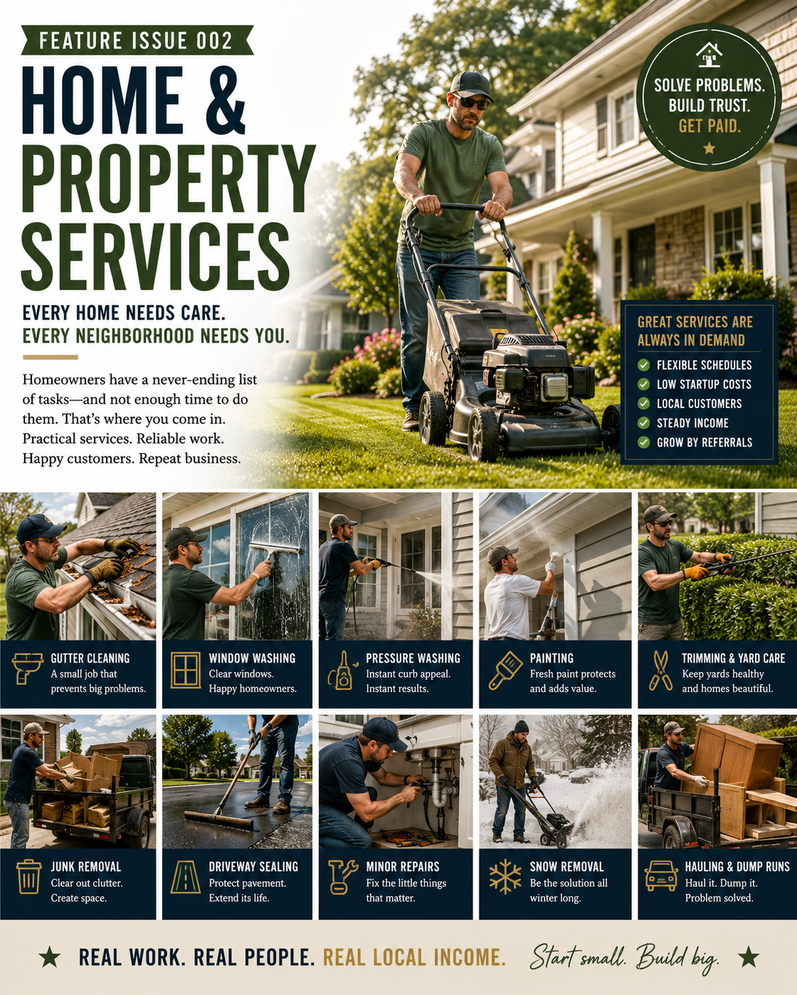 Editorial feature showing practical home and property services including lawn care, window washing, gutter cleaning, painting and repairs.