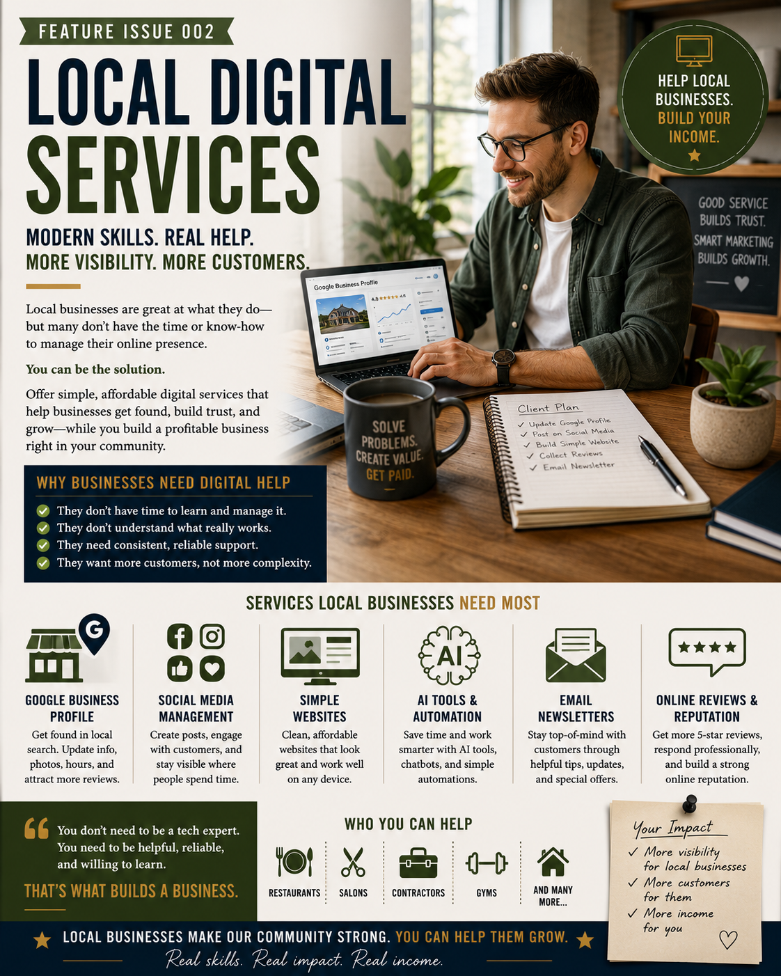 Editorial feature about providing practical digital marketing and online support services to local small businesses.