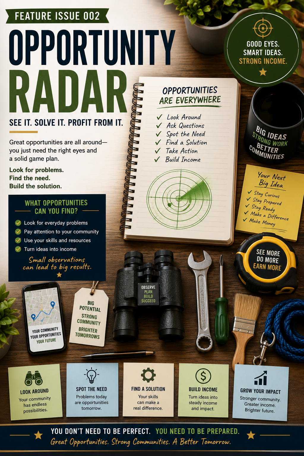 Opportunity Radar editorial spread showing tools, notes and practical community business ideas hiding in plain sight.