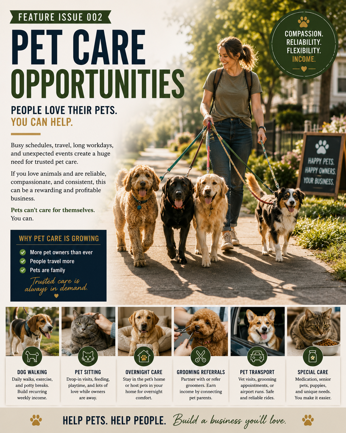 Friendly local pet-care provider walking several dogs and offering dependable services such as dog walking, pet sitting and transportation.