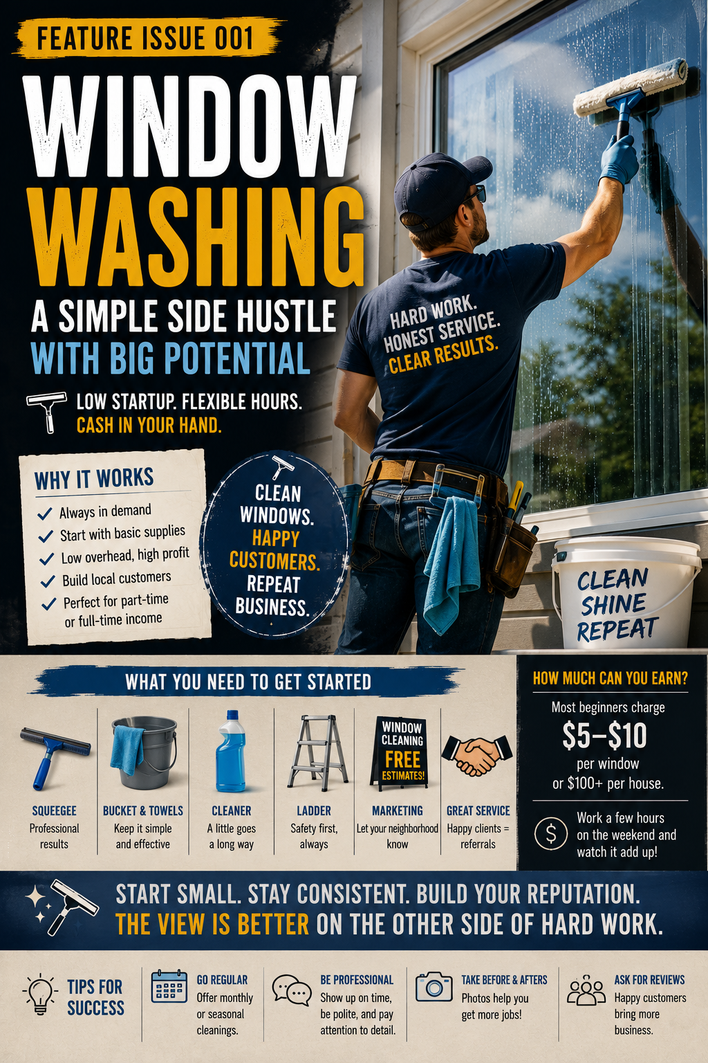 Person using a professional squeegee to clean a residential window as a local side hustle