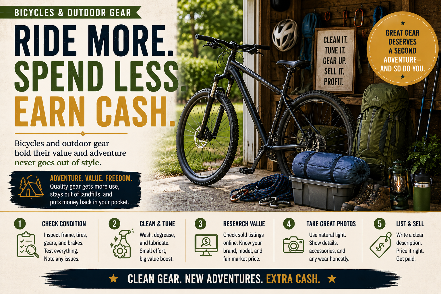 Used bicycles and outdoor equipment that may be repaired or resold