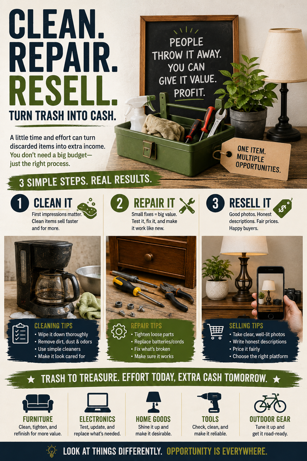 Clean repair and resell process for improving secondhand items