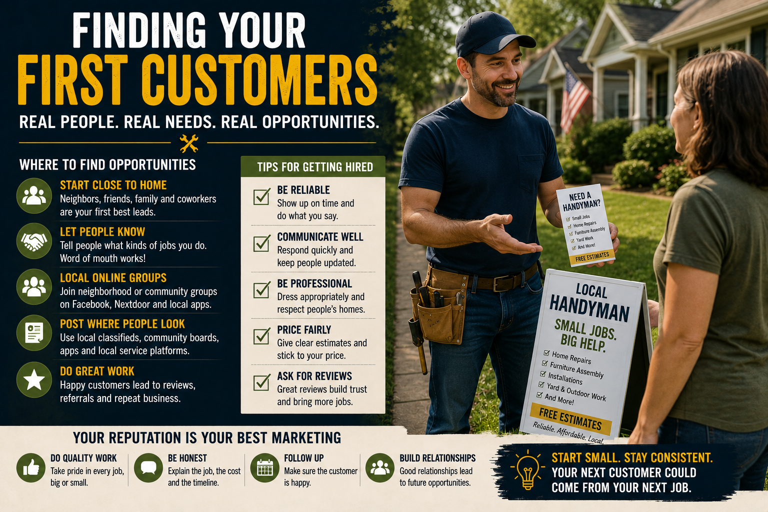 Guide to finding first customers for a small local handyman service.