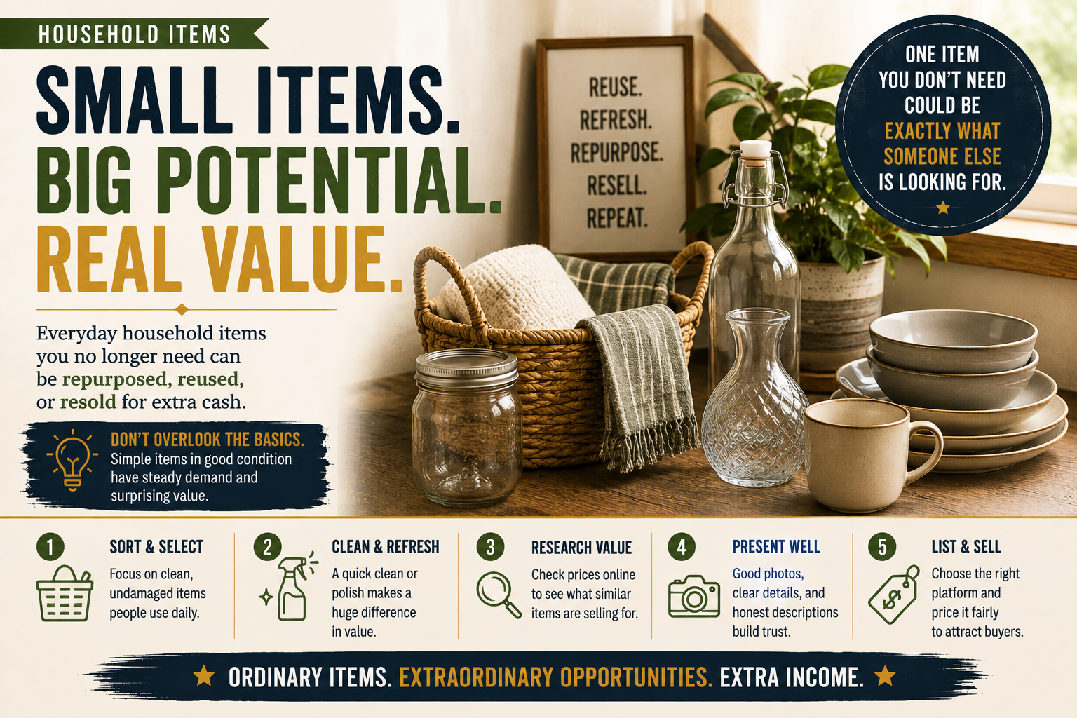 Common household items that may be cleaned, reused or resold