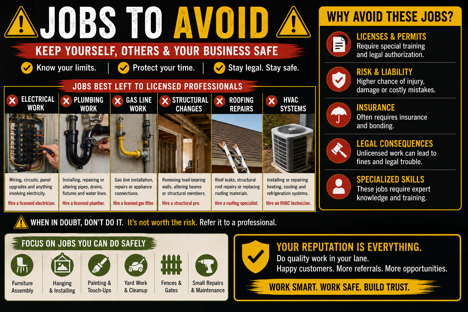Safety guide showing handyman jobs that may require licensed professionals, permits or specialized training.