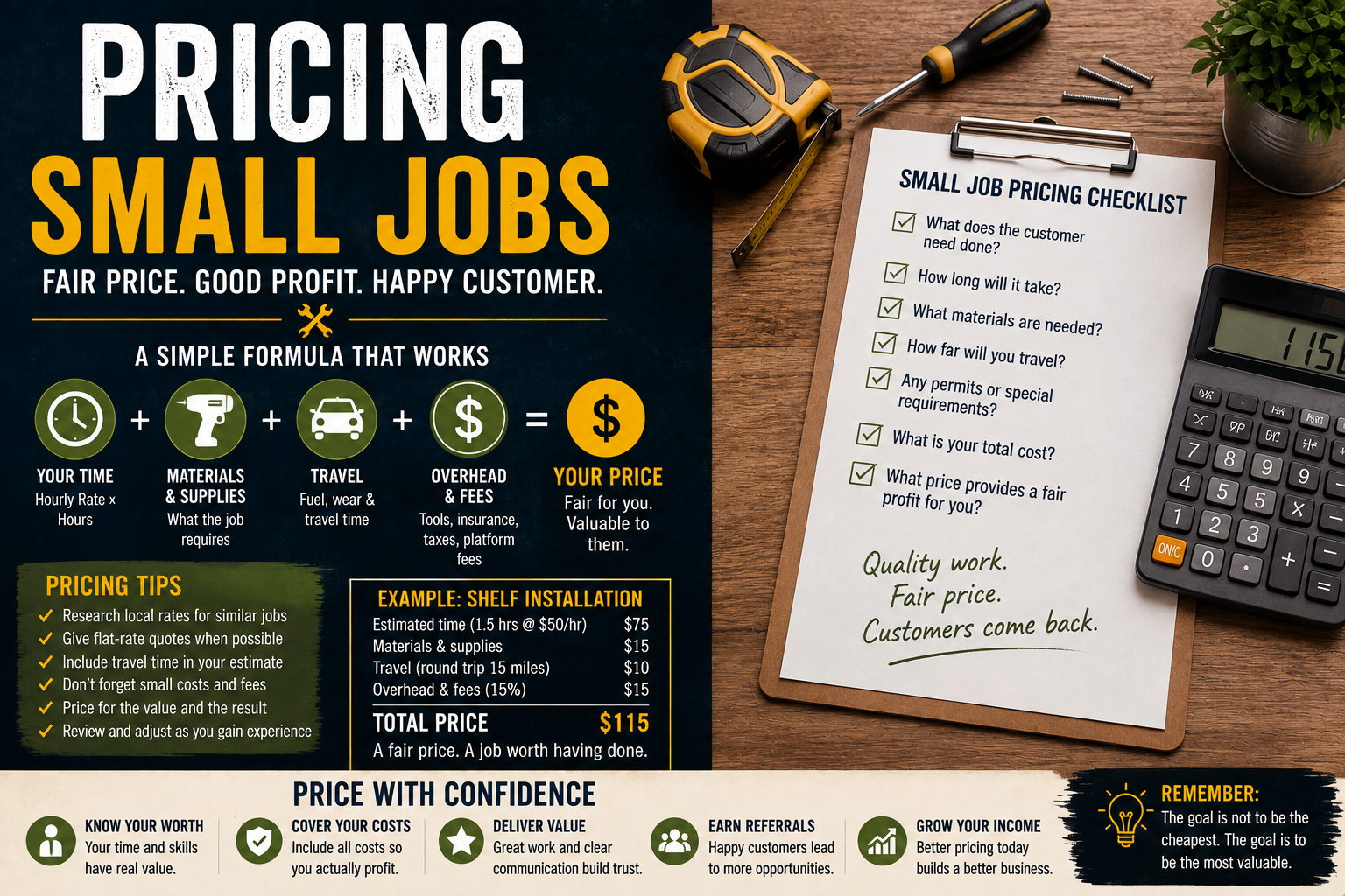 Guide to considering time, materials, travel and overhead when pricing small handyman jobs.