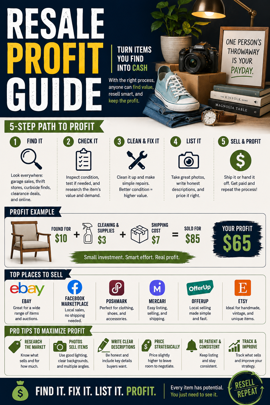 Resale profit guide showing the process from finding an item through repair, listing and sale