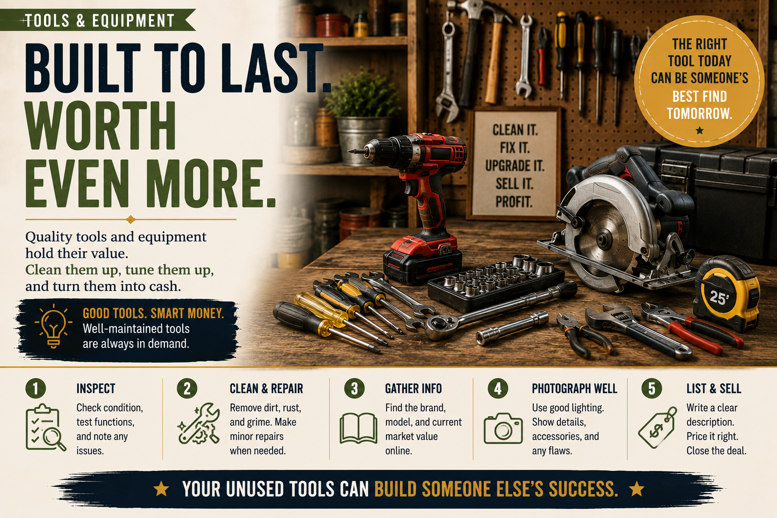 Used tools and equipment being evaluated for repair and resale