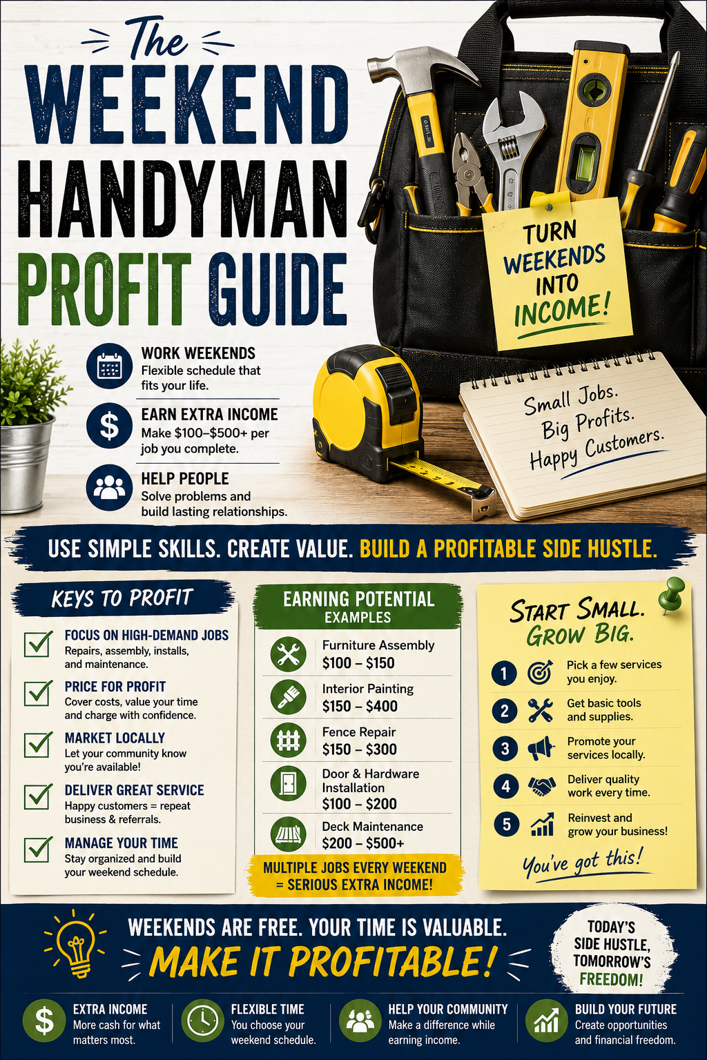 Weekend handyman profit guide illustrating the importance of skills, pricing, customers, costs and repeat business.