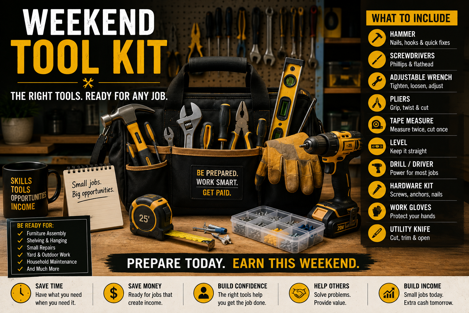 Weekend handyman tool kit with drill, hand tools, level, tape measure and basic hardware.